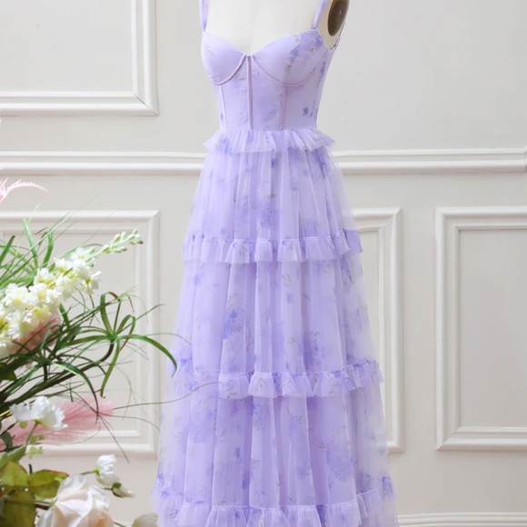 Berylove Lavender A Line Corset Spaghetti Straps Floral Tiered Maxi Dress - Picture 2 of 5